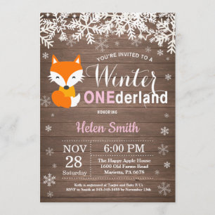 Invitation Winter Onederland Rustic Fox Girl 1er anniversaire