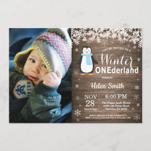 Invitation Winter Onederland Rustic Penguin Garçon 1er annive