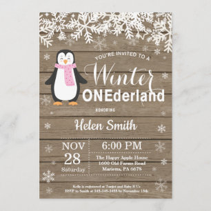Invitation Winter Onederland Rustique Penguin Girl 1er annive