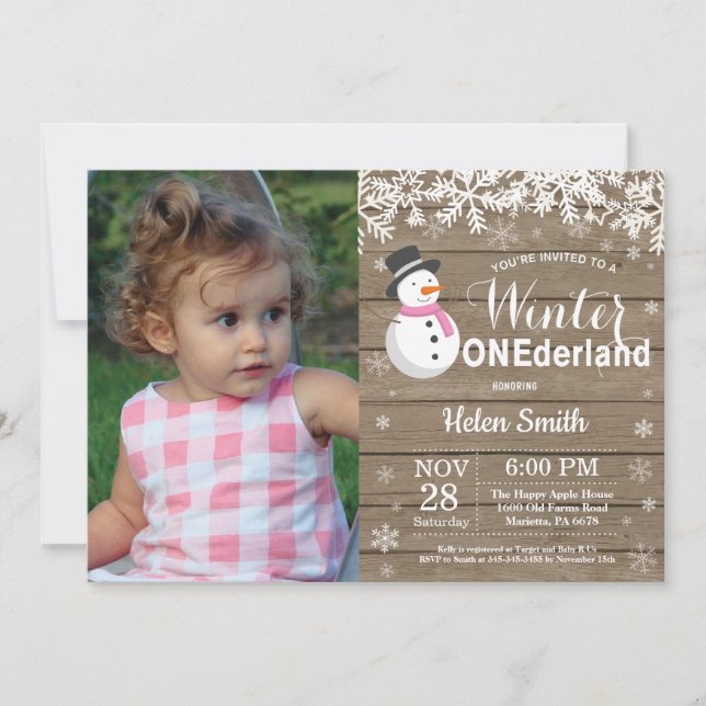 Invitation Winter Onederland Rustique Snowman Girl 1er annive (Devant)