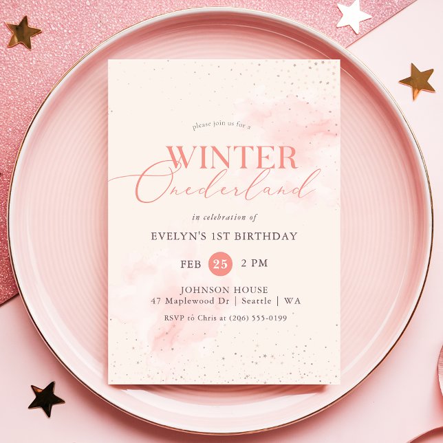Invitation Winter ONEderland Silver Pink Glitter 1st Birthday (Créateur téléchargé)