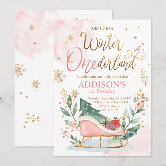 Invitation Winter Onederland Sleigh Pink Gold 1er anniversair (Devant / Derrière)