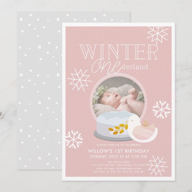 Invitation Winter Onederland Snow Globe rose 1er anniversaire (Devant / Derrière)