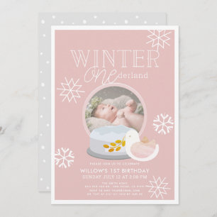 Invitation Winter Onederland Snow Globe rose 1er anniversaire