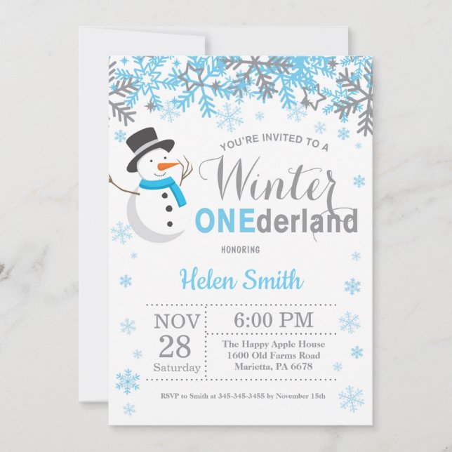 Invitation Winter Onederland Snowman Boy 1er anniversaire (Devant)