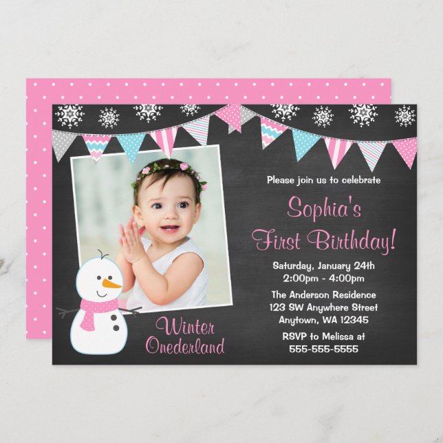 Invitation Winter Onederland Snowman Chalkboard 1er anniversa (Devant / Derrière)