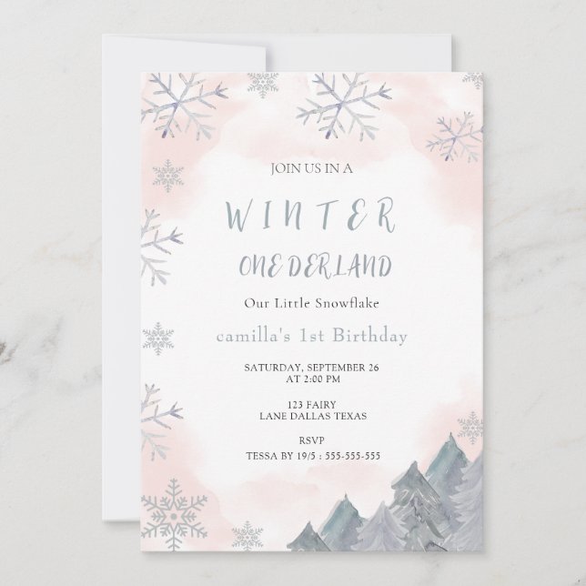 Invitation Winter Onederland Watercolor Rose 1er anniversaire (Devant)