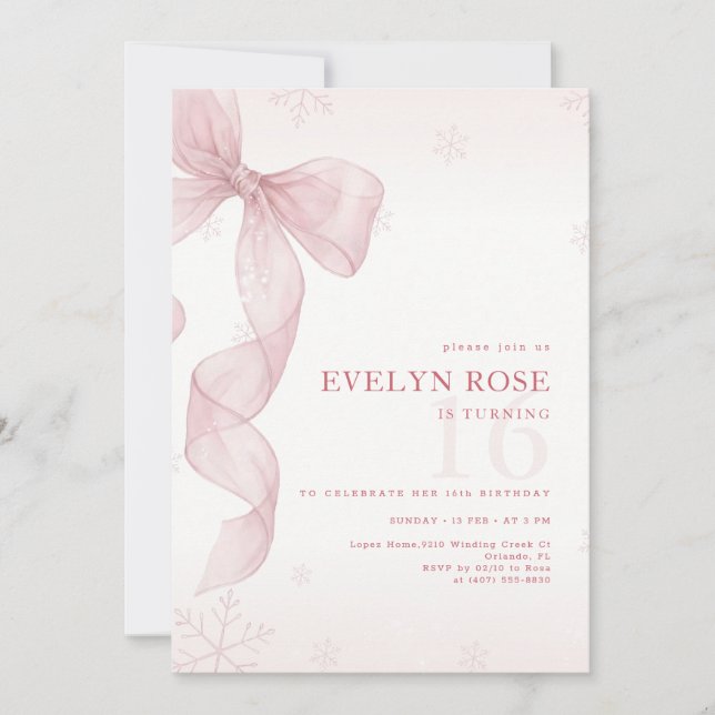 Invitation Winter Pink Bow Snowflake 16th Birthday Party (Devant)