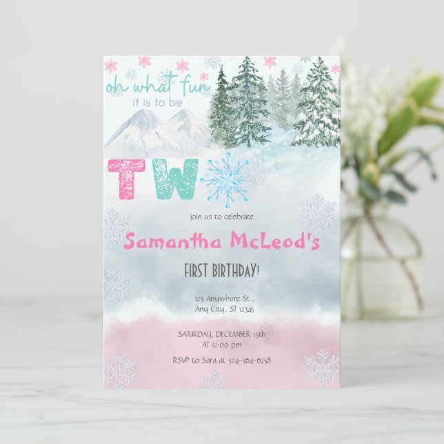 Invitation Winter Pink Snowflake Oh Quel plaisir Deuxième ann (Debout devant)