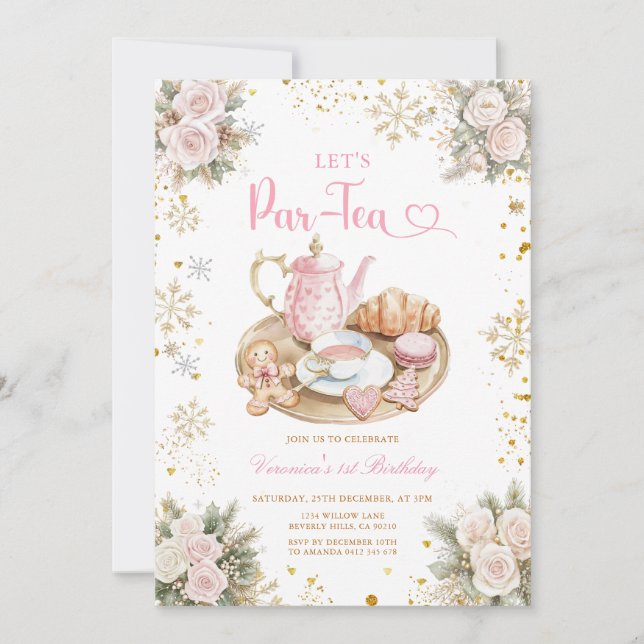 Invitation Winter Pink Tea Party Birthday Snowflakes (Devant)