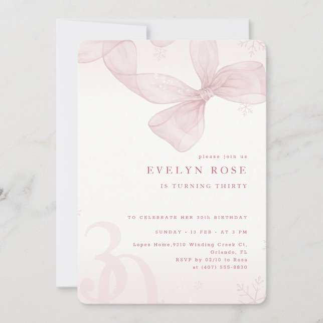 Invitation Winter Snowflake Pink Bow 30th Birthday Party (Devant)