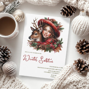 Invitation Winter Solstice Holly Girl & Deer Holiday Forest