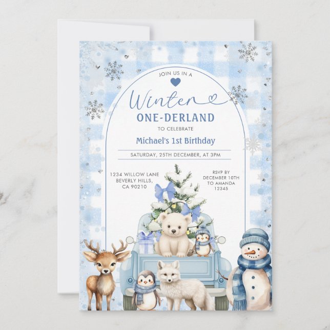 Invitation Winter Truck Onederland Boy 1st Birthday Animals (Devant)