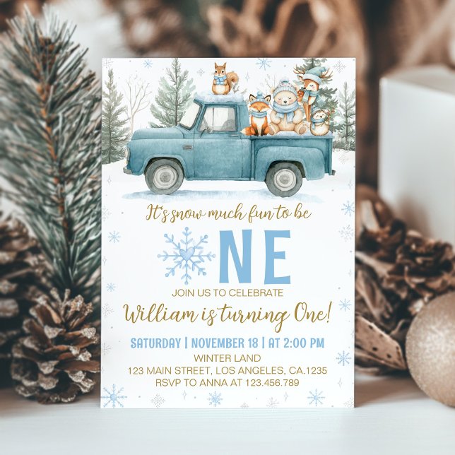 Invitation Winter Truck Woodland Onederland 1st Birthday (Créateur téléchargé)
