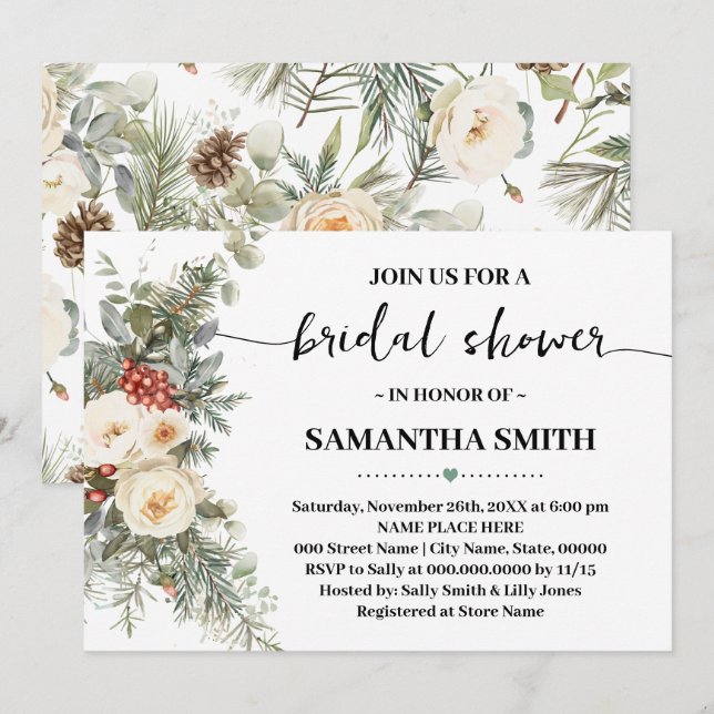 Invitation Winter White Floral Bridal Shower (Devant / Derrière)