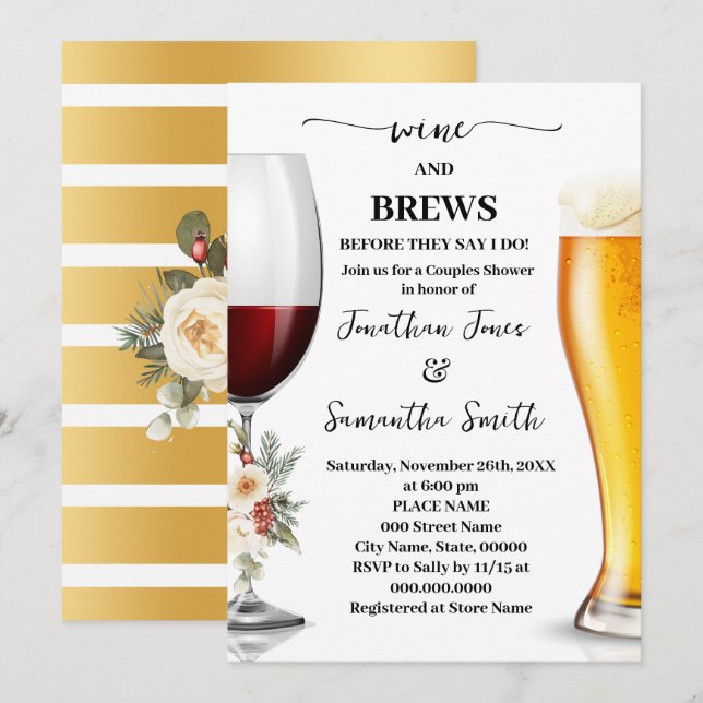 Invitation Winter White Floral Wine and Brews Couples Shower (Devant / Derrière)