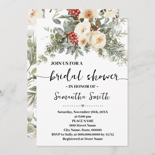 Invitation Winter White Flowers Bridal Shower (Devant / Derrière)