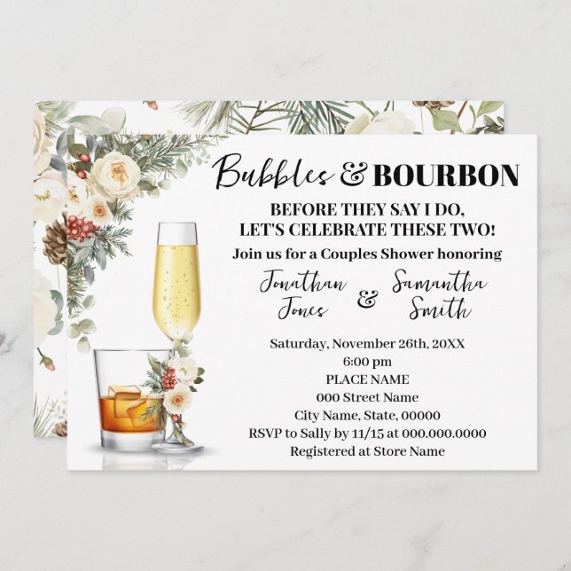 Invitation Winter White Flowers Bubbles & Bourbon Shower (Devant / Derrière)