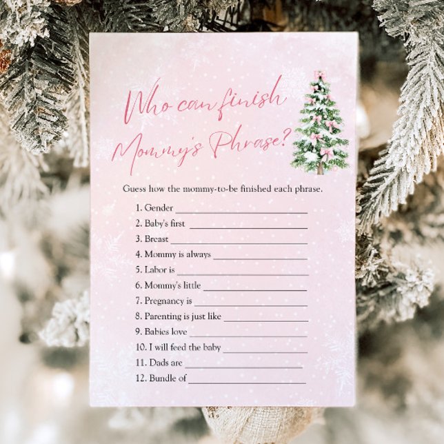 Invitation Winter Who Can Finish's Phrase Baby shower de mama (Pink Bow Christmas Who Can Finish Mommy's Phrase Baby Shower Game)