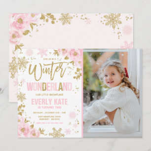 Invitation Winter Wonder Anniversaire Gold Pink Snowflake