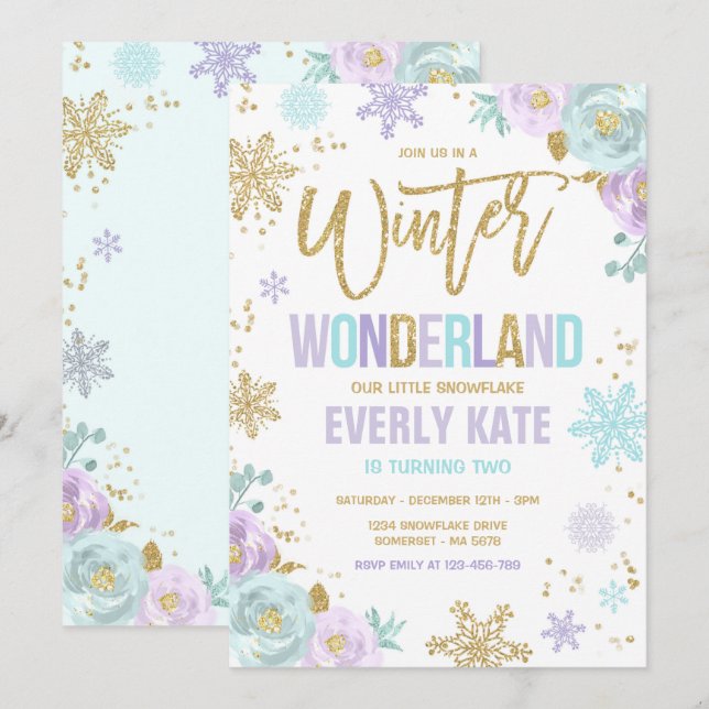 Invitation Winter Wonderland Anniversaire Gold Purple Snowfla (Devant / Derrière)