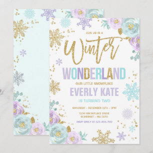 Invitation Winter Wonderland Anniversaire Gold Purple Snowfla