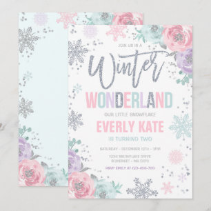 Invitation Winter Wonderland Anniversaire Silver Pink Snowfla