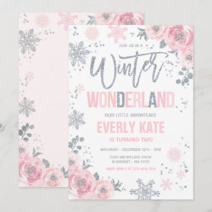 Invitation Winter Wonderland Anniversaire Silver Pink Snowfla