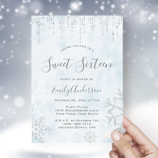 Invitation Winter Wonderland Bleu Argent Neige Douce glace 16