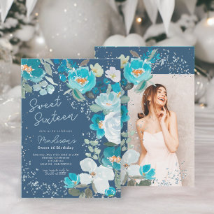 Invitation Winter Wonderland bleu foncé Floral Sweet sixteen