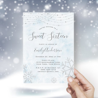 Invitation Winter Wonderland Blue Silver Snowflake Sweet 16