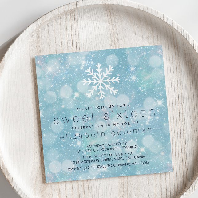 Invitation Winter Wonderland Blue Snowy Bokeh Sweet sixteen (Créateur téléchargé)