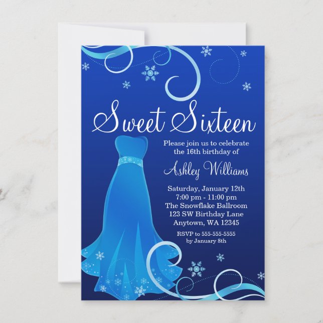 Invitation Winter Wonderland Blue Swirl Dress Sweet 16 (Devant)