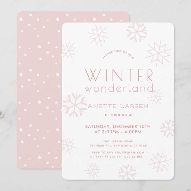 Invitation Winter Wonderland Flamme de neige Fille rose Anniv (Devant / Derrière)