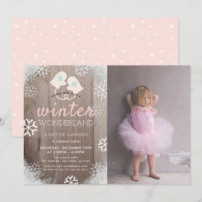 Invitation Winter Wonderland Girl Photo Anniversaire Invitati (Devant / Derrière)