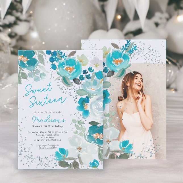 Invitation Winter Wonderland Glace bleu Sweet sixteen Floral (Winter Wonderland Ice blue Floral Sweet Sixteen Invitation)