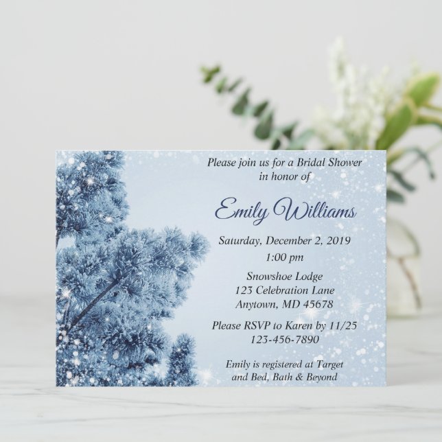 Invitation Winter Wonderland Neige et Fête des mariées de pin (Debout devant)