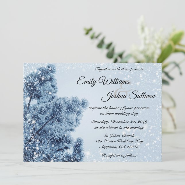Invitation Winter Wonderland Neige et Mariage de pin (Debout devant)