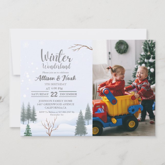 Invitation Winter Wonderland Noël Twin Anniversaire fête (Devant)