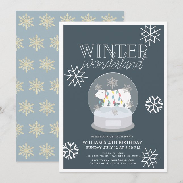 Invitation Winter Wonderland Ours polaire Marine Anniversaire (Devant / Derrière)