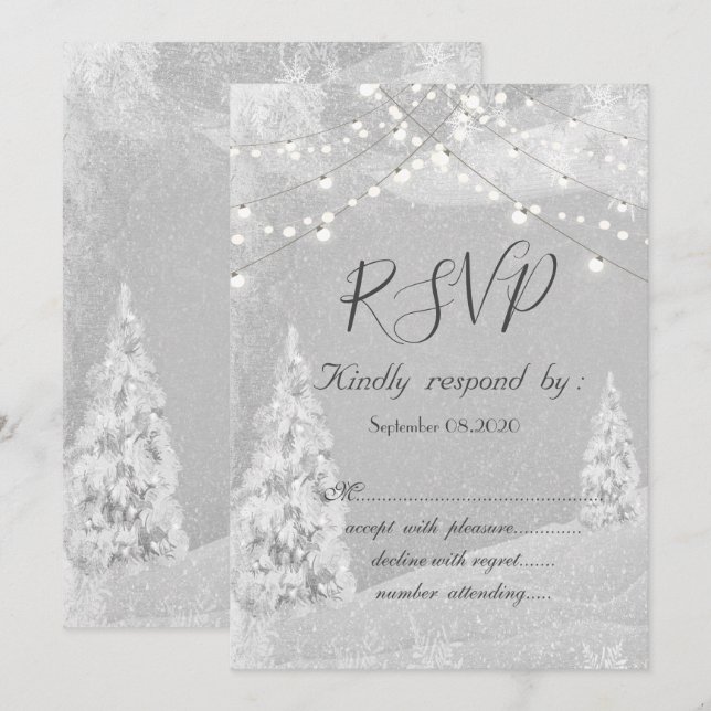 Invitation Winter Wonderland, Pine Tree Grey RSVP (Devant / Derrière)