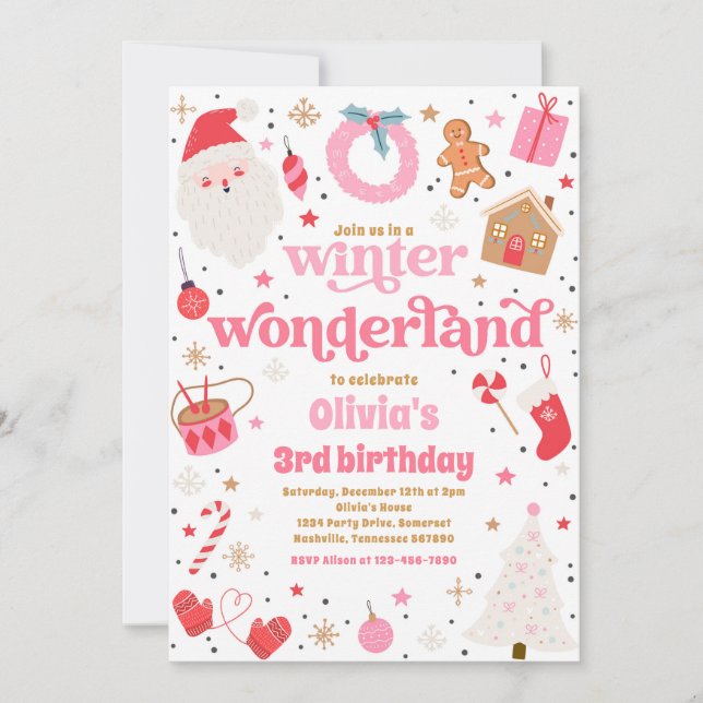 Invitation Winter Wonderland Pink Noël fête d'anniversaire (Devant)