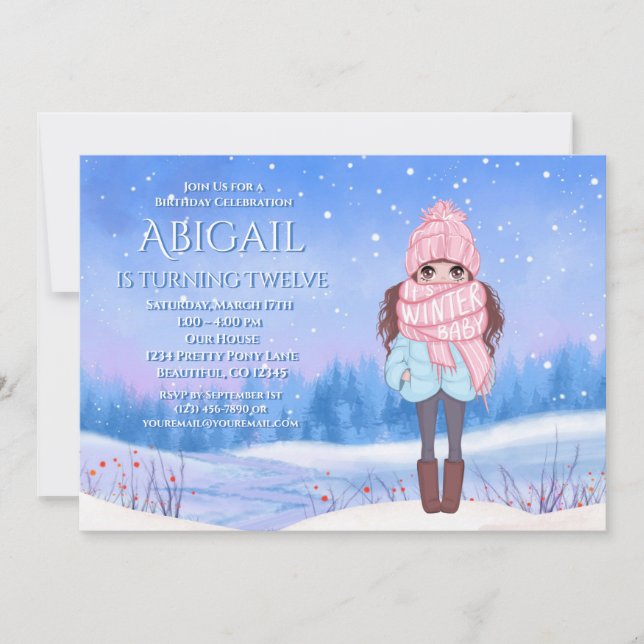 Invitation Winter Wonderland Pré de neige et Fille Anniversai (Devant)