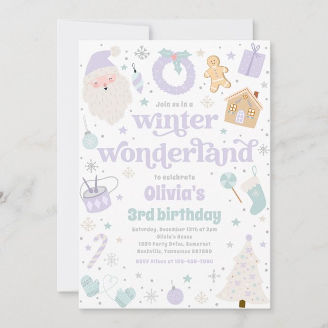 Invitation Winter Wonderland Purple Noël fête d'anniversaire (Devant)