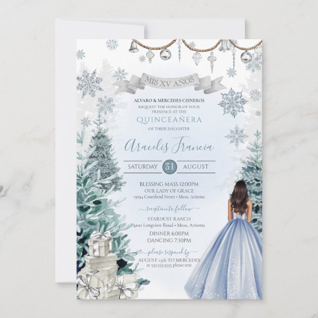 Invitation Winter Wonderland Quinceanera Bleu clair Argent (Devant)