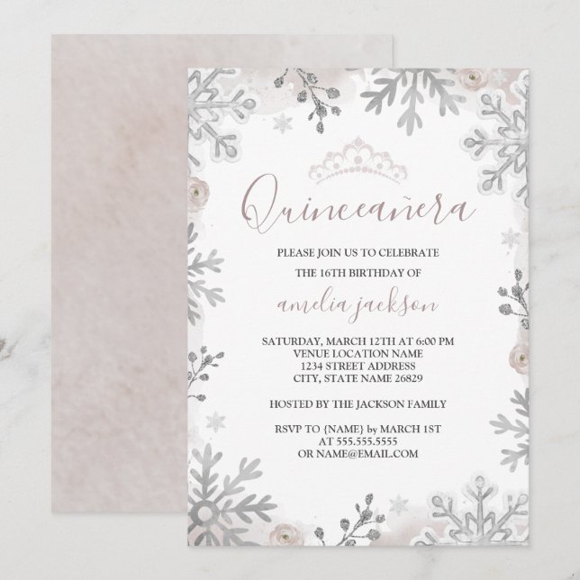 Invitation Winter Wonderland Quinceanera Silver Blush (Devant / Derrière)
