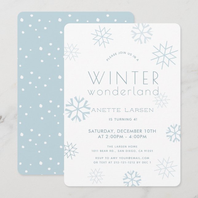 Invitation Winter Wonderland Snowflake Blue Anniversaire (Devant / Derrière)