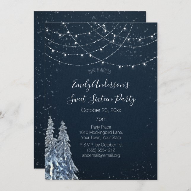 Invitation Winter Wonderland Snowflake Blue Sweet 16 (Devant / Derrière)