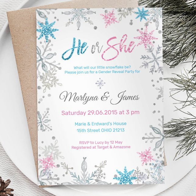 Invitation Winter Wonderland Snowflake Sexe Révéler Invitatio (Créateur téléchargé)