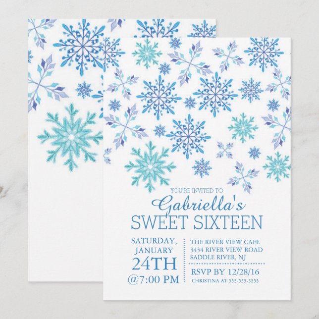Invitation Winter Wonderland Snowflake Sweet sixteen Party (Devant / Derrière)